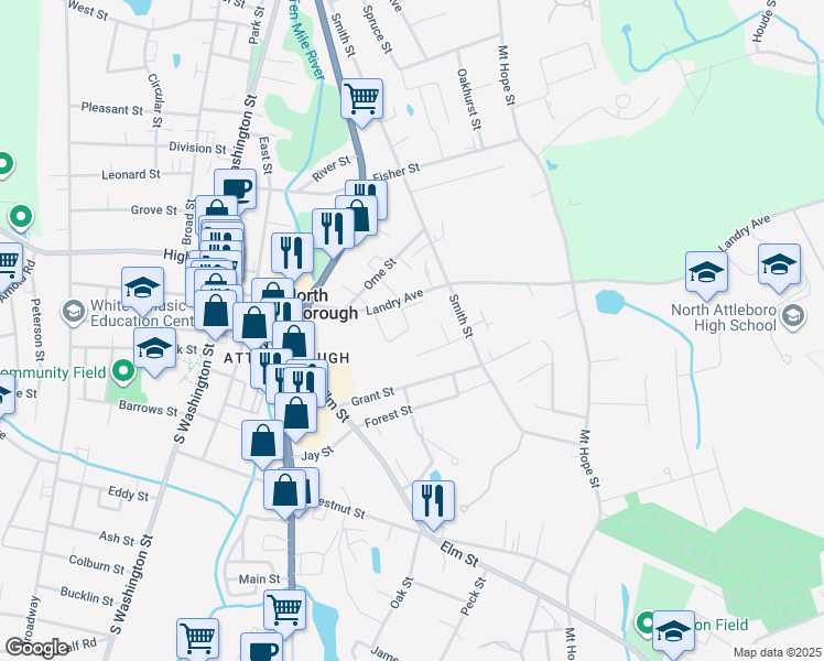map of restaurants, bars, coffee shops, grocery stores, and more near 42 2nd Avenue in North Attleborough