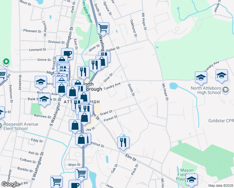 map of restaurants, bars, coffee shops, grocery stores, and more near 42 2nd Avenue in North Attleborough