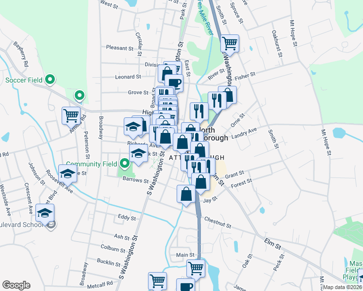 map of restaurants, bars, coffee shops, grocery stores, and more near in North Attleborough