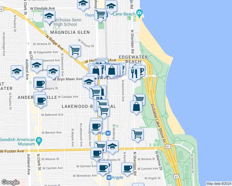 map of restaurants, bars, coffee shops, grocery stores, and more near 1050 West Catalpa Avenue in Chicago