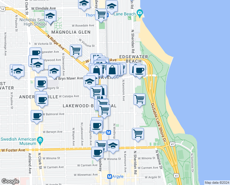 map of restaurants, bars, coffee shops, grocery stores, and more near 5500 North Winthrop Avenue in Chicago