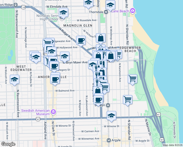 map of restaurants, bars, coffee shops, grocery stores, and more near 5502 North Magnolia Avenue in Chicago