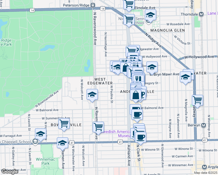 map of restaurants, bars, coffee shops, grocery stores, and more near 5511 North Paulina Street in Chicago