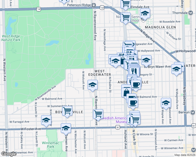 map of restaurants, bars, coffee shops, grocery stores, and more near 1728 West Catalpa Avenue in Chicago