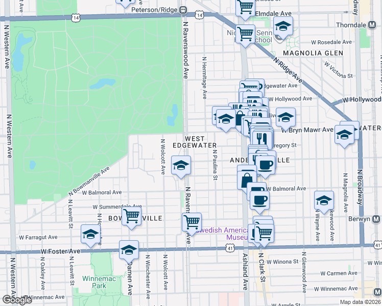 map of restaurants, bars, coffee shops, grocery stores, and more near 1728 West Catalpa Avenue in Chicago