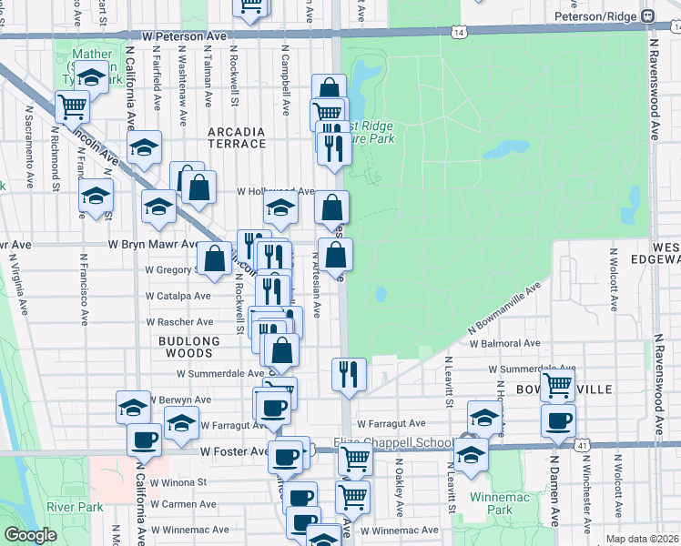 map of restaurants, bars, coffee shops, grocery stores, and more near 5514 North Western Avenue in Chicago