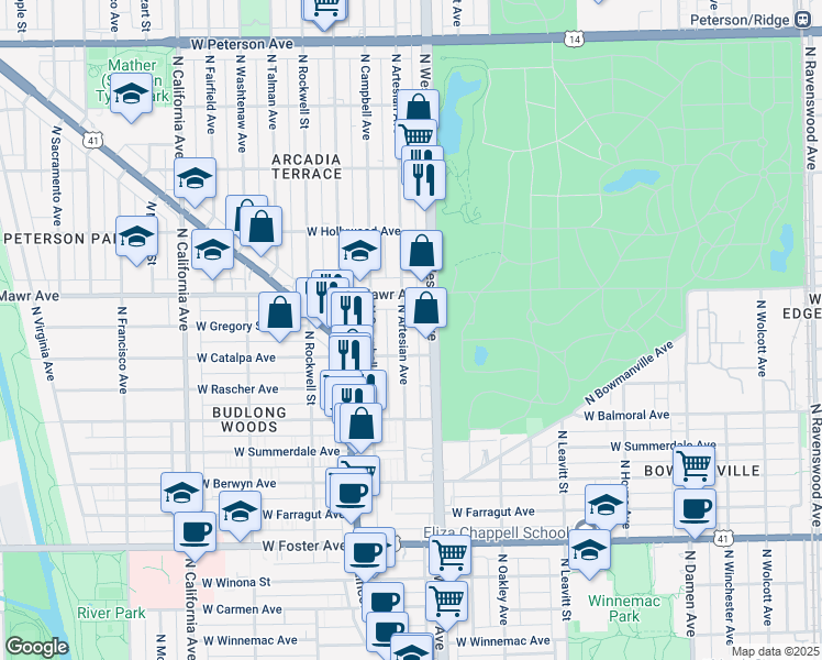 map of restaurants, bars, coffee shops, grocery stores, and more near 5514 North Western Avenue in Chicago