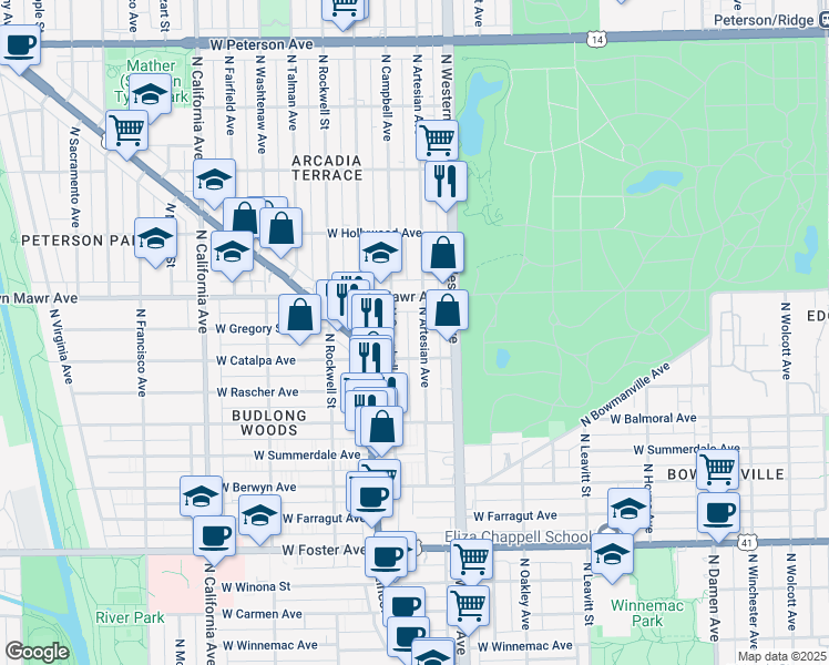 map of restaurants, bars, coffee shops, grocery stores, and more near 5519 North Campbell Avenue in Chicago