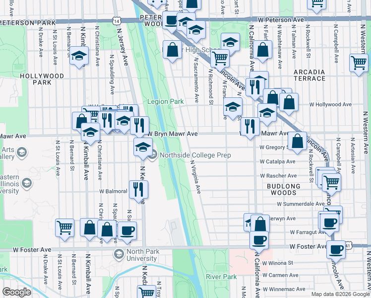 map of restaurants, bars, coffee shops, grocery stores, and more near 5524 North Virginia Avenue in Chicago