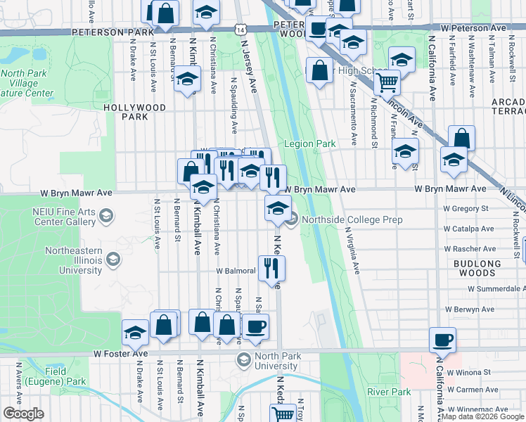 map of restaurants, bars, coffee shops, grocery stores, and more near 5523 North Sawyer Avenue in Chicago