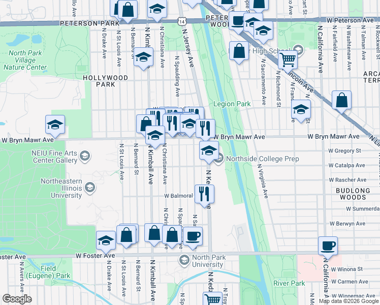 map of restaurants, bars, coffee shops, grocery stores, and more near 5525 North Spaulding Avenue in Chicago