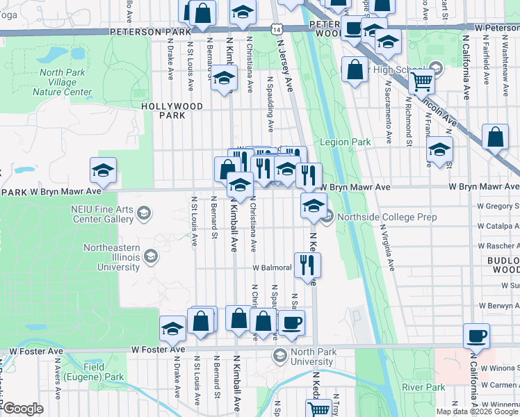 map of restaurants, bars, coffee shops, grocery stores, and more near 5527 North Christiana Avenue in Chicago