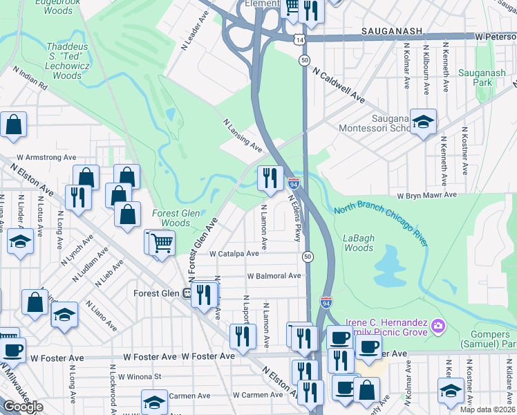map of restaurants, bars, coffee shops, grocery stores, and more near 5485 North Lawler Avenue in Chicago