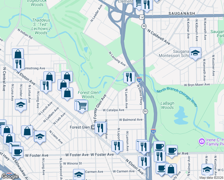 map of restaurants, bars, coffee shops, grocery stores, and more near 5525 North Forest Glen Avenue in Chicago