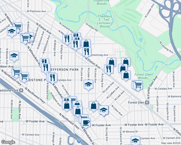 map of restaurants, bars, coffee shops, grocery stores, and more near 5526 North Lotus Avenue in Chicago