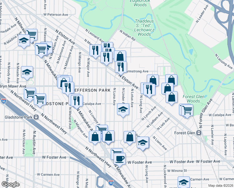 map of restaurants, bars, coffee shops, grocery stores, and more near 5526 North Linder Avenue in Chicago
