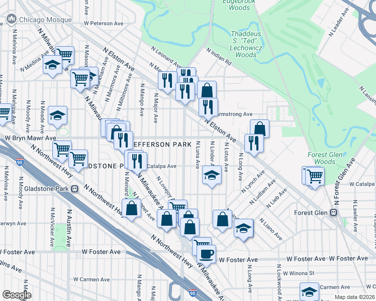 map of restaurants, bars, coffee shops, grocery stores, and more near 5529 North Central Avenue in Chicago