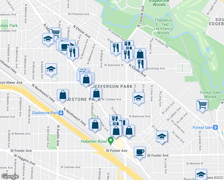 map of restaurants, bars, coffee shops, grocery stores, and more near in Chicago