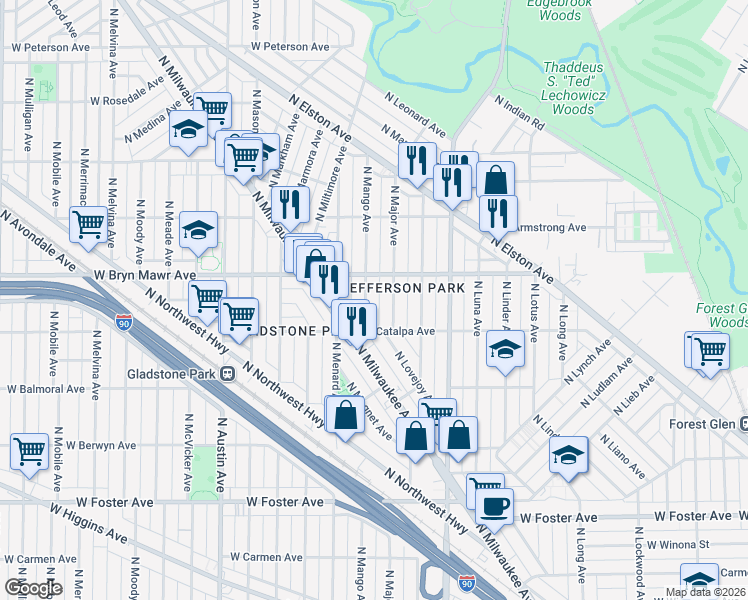 map of restaurants, bars, coffee shops, grocery stores, and more near 5528 North Major Avenue in Chicago
