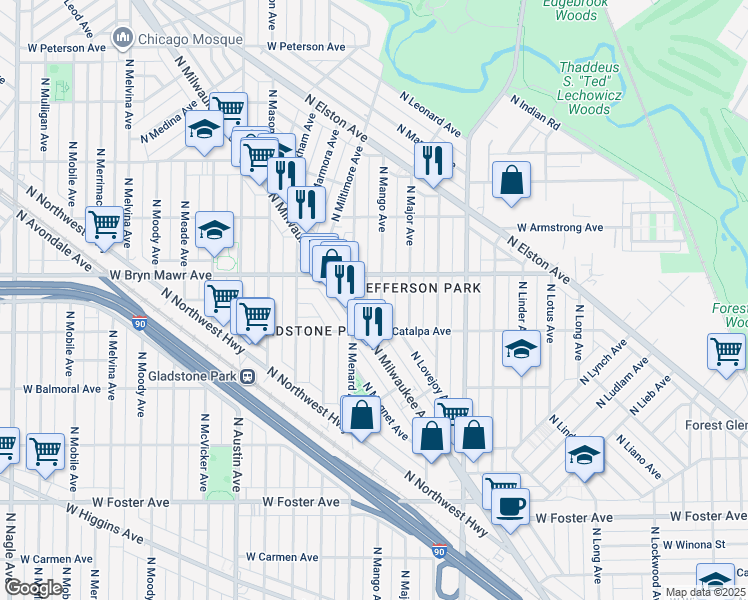 map of restaurants, bars, coffee shops, grocery stores, and more near 5528 North Mango Avenue in Chicago