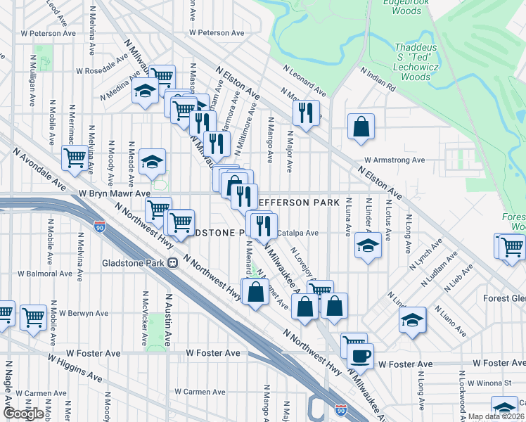 map of restaurants, bars, coffee shops, grocery stores, and more near 5528 North Mango Avenue in Chicago