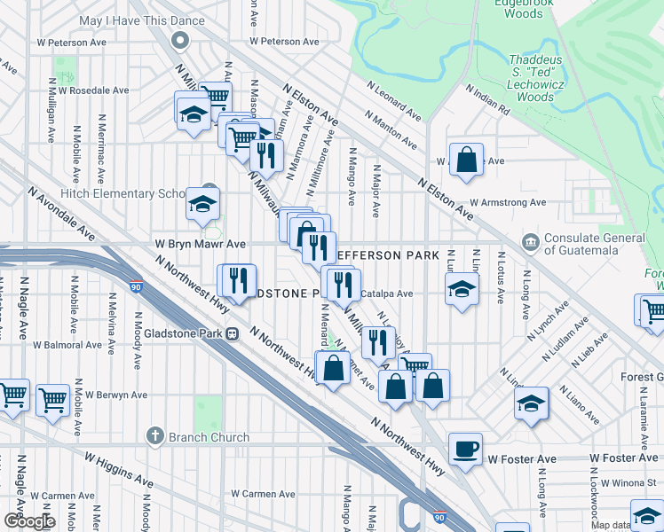map of restaurants, bars, coffee shops, grocery stores, and more near 5528 North Mango Avenue in Chicago