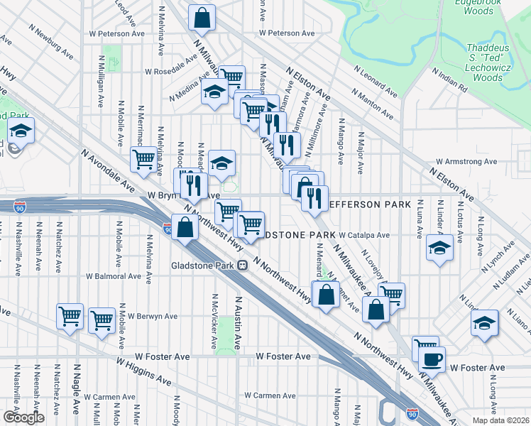 map of restaurants, bars, coffee shops, grocery stores, and more near 5530 North Mason Avenue in Chicago