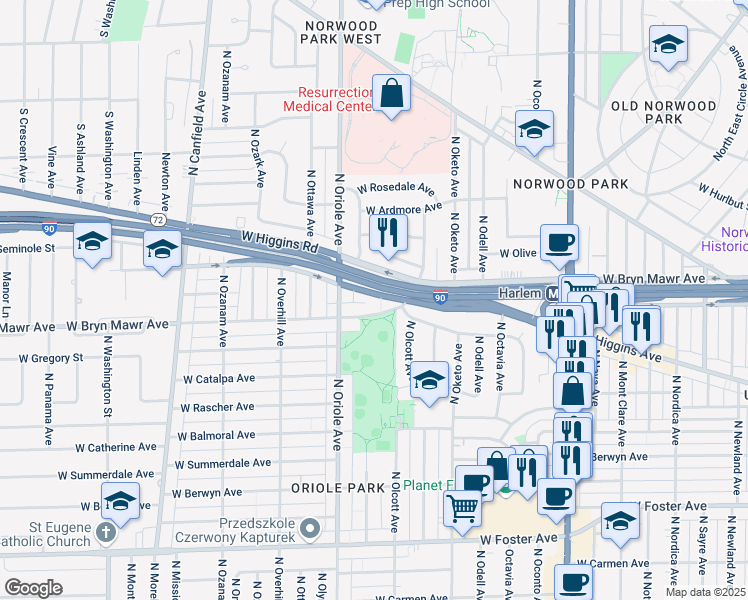 map of restaurants, bars, coffee shops, grocery stores, and more near 7534 West Bryn Mawr Avenue in Chicago