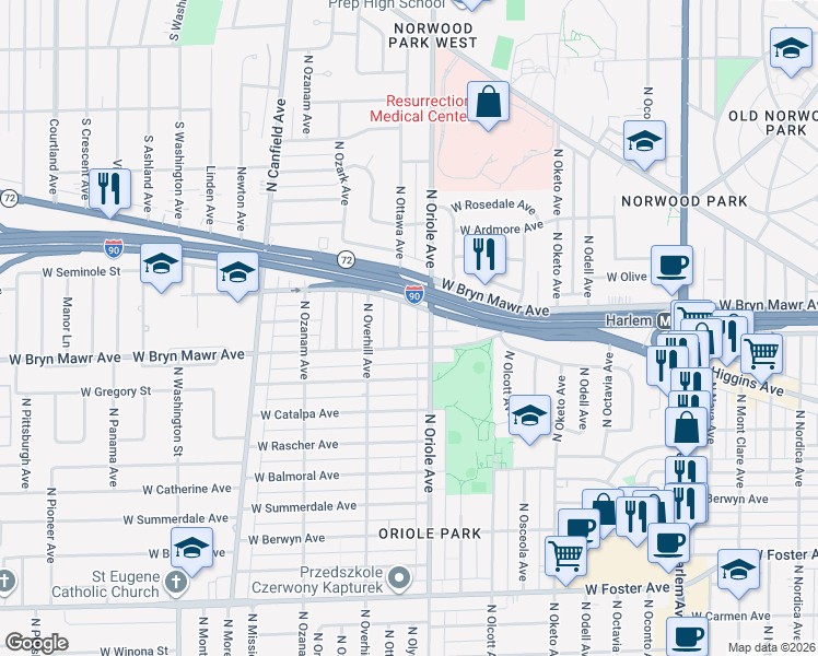 map of restaurants, bars, coffee shops, grocery stores, and more near 5617 North Ottawa Avenue in Chicago