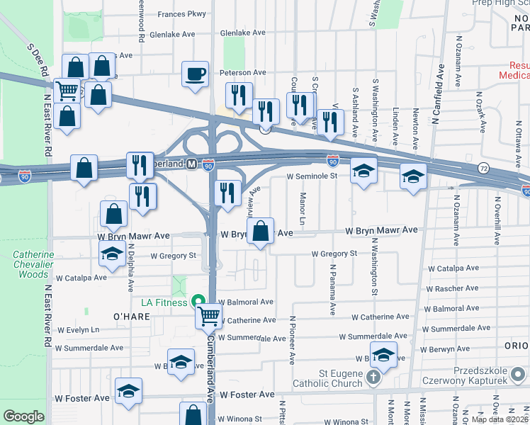 map of restaurants, bars, coffee shops, grocery stores, and more near 5615 Fairview Avenue in Chicago