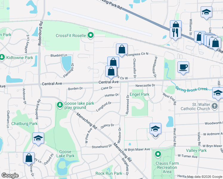 map of restaurants, bars, coffee shops, grocery stores, and more near 765 Case Drive in Roselle