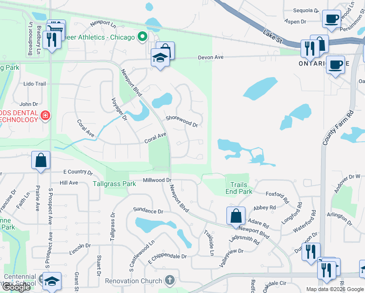 map of restaurants, bars, coffee shops, grocery stores, and more near 1007 Sandpiper Court in Bartlett