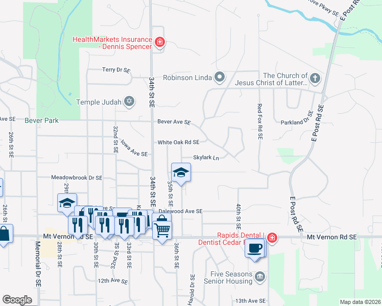 map of restaurants, bars, coffee shops, grocery stores, and more near 3610 Skylark Ln SE in Cedar Rapids