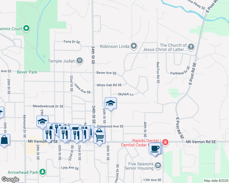 map of restaurants, bars, coffee shops, grocery stores, and more near 3610 Skylark Ln SE in Cedar Rapids