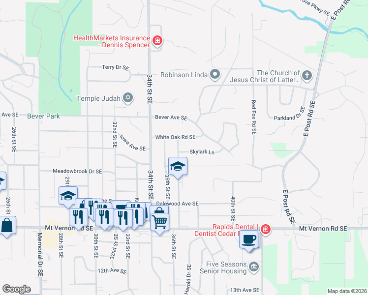 map of restaurants, bars, coffee shops, grocery stores, and more near 3610 Skylark Ln SE in Cedar Rapids