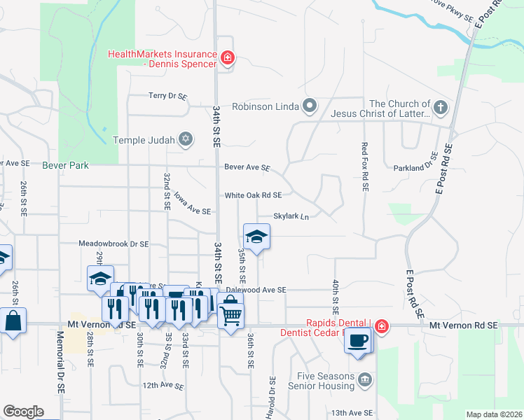 map of restaurants, bars, coffee shops, grocery stores, and more near 3610 Skylark Ln SE in Cedar Rapids