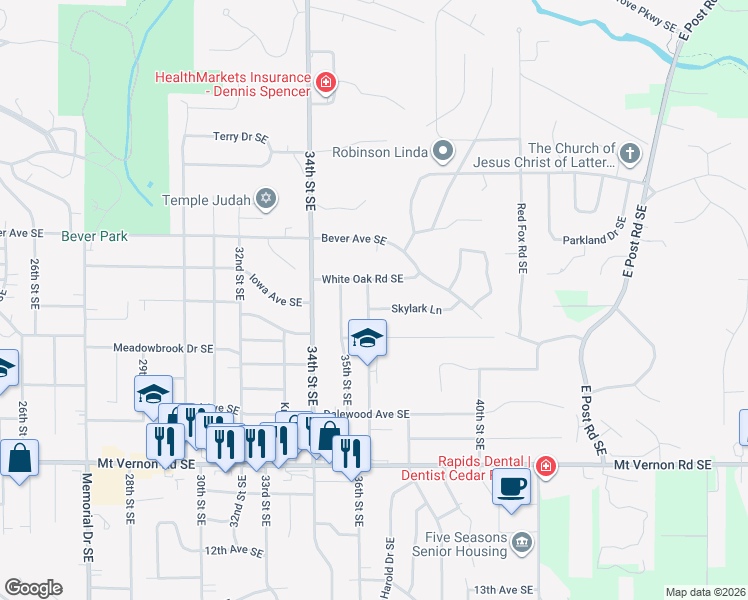 map of restaurants, bars, coffee shops, grocery stores, and more near 3610 Skylark Ln SE in Cedar Rapids