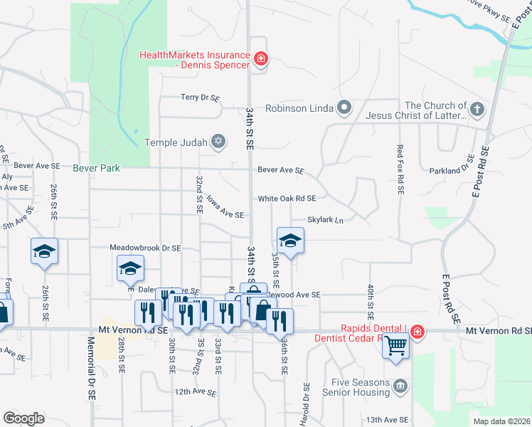 map of restaurants, bars, coffee shops, grocery stores, and more near 420 35th Street Southeast in Cedar Rapids