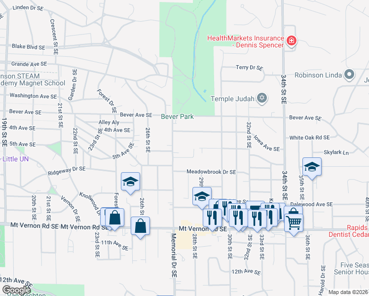 map of restaurants, bars, coffee shops, grocery stores, and more near 426 Memorial Drive Southeast in Cedar Rapids