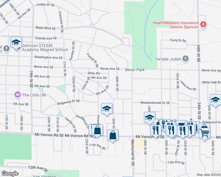 map of restaurants, bars, coffee shops, grocery stores, and more near 2445 5th Avenue Southeast in Cedar Rapids