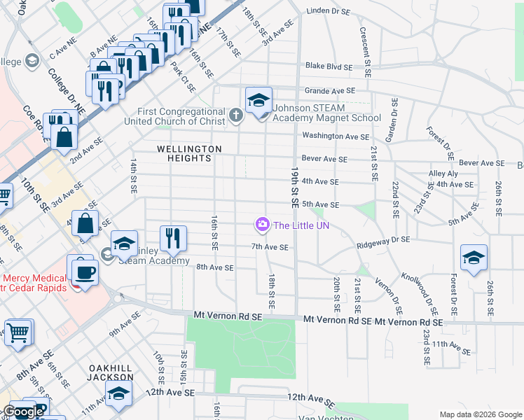 map of restaurants, bars, coffee shops, grocery stores, and more near 1733 5th Avenue Southeast in Cedar Rapids
