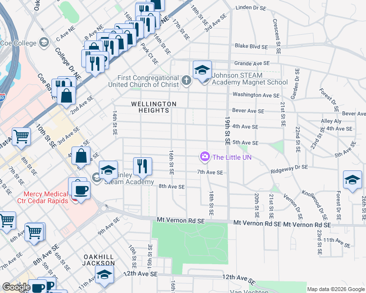 map of restaurants, bars, coffee shops, grocery stores, and more near 515 17th Street Southeast in Cedar Rapids