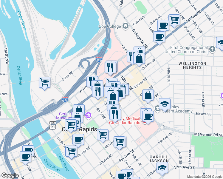 map of restaurants, bars, coffee shops, grocery stores, and more near 811 2nd Avenue Southeast in Cedar Rapids