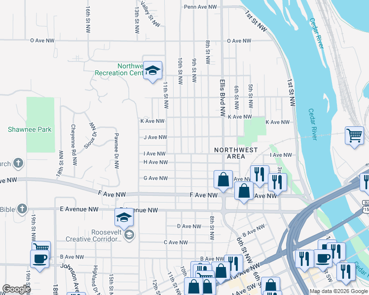 map of restaurants, bars, coffee shops, grocery stores, and more near 1006 10th Street Northwest in Cedar Rapids