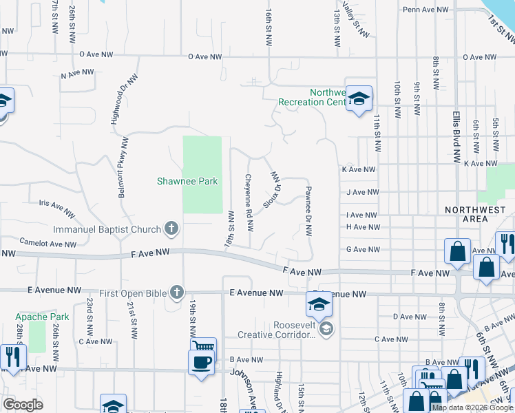 map of restaurants, bars, coffee shops, grocery stores, and more near 1001-1007 Cheyenne Road Northwest in Cedar Rapids