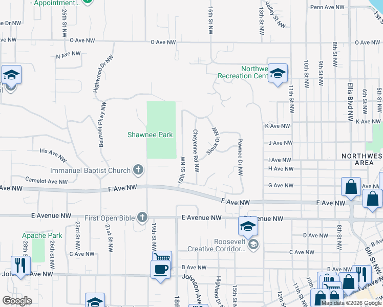 map of restaurants, bars, coffee shops, grocery stores, and more near 1001-1007 Cheyenne Road Northwest in Cedar Rapids