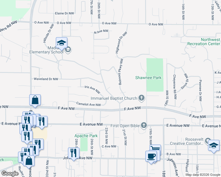 map of restaurants, bars, coffee shops, grocery stores, and more near 949 Westwood Dr NW in Cedar Rapids