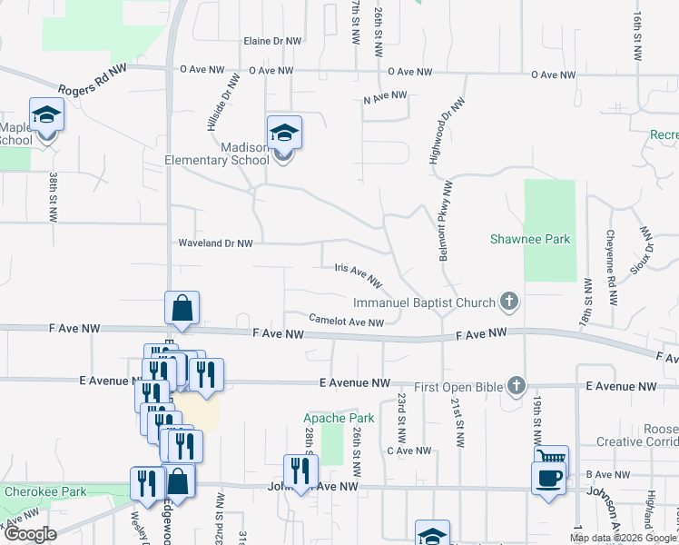 map of restaurants, bars, coffee shops, grocery stores, and more near 2711 Iris Avenue Northwest in Cedar Rapids