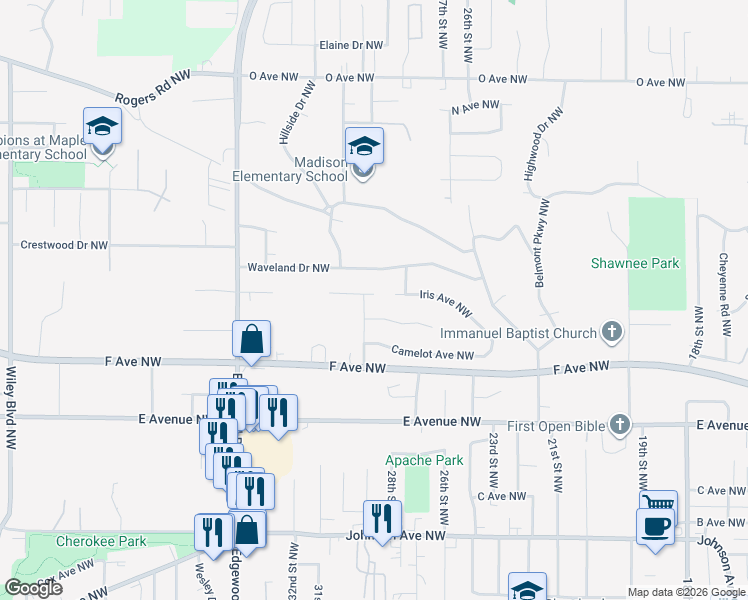 map of restaurants, bars, coffee shops, grocery stores, and more near 2829 Iris Avenue Northwest in Cedar Rapids