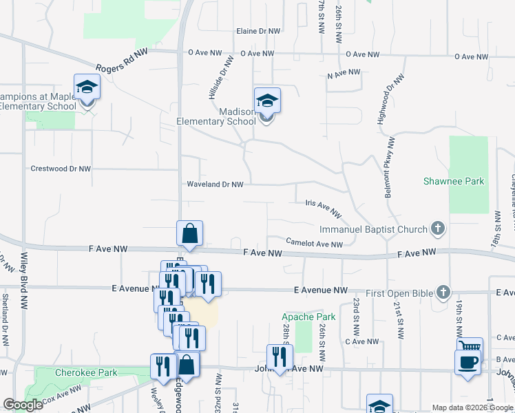 map of restaurants, bars, coffee shops, grocery stores, and more near 2917 Iris Ave NW in Cedar Rapids